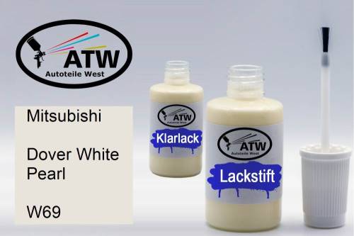 Mitsubishi, Dover White Pearl, W69: 20ml Lackstift + 20ml Klarlack - Set, von ATW Autoteile West.